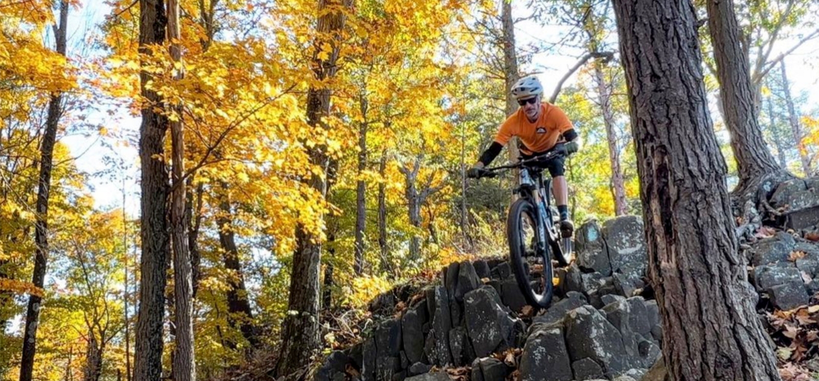 A man mountain biking down rocks in the woods (Instagram@mikc.ferraro)