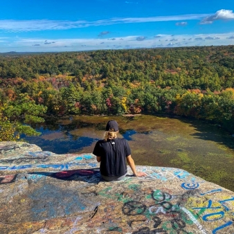 A person sitting on a graffiti-covered rock overlooking an algae-covered pond.
