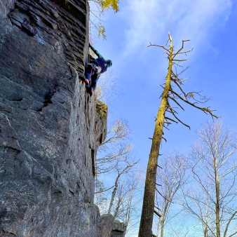 A climber scaling a rocky surface in the woods.